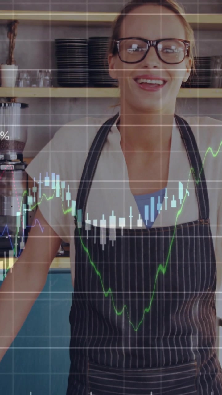 Video verticale: Barista in un caffè con una griglia che appare e forma un grafico finanziario sul busto, tracciando le vendite.