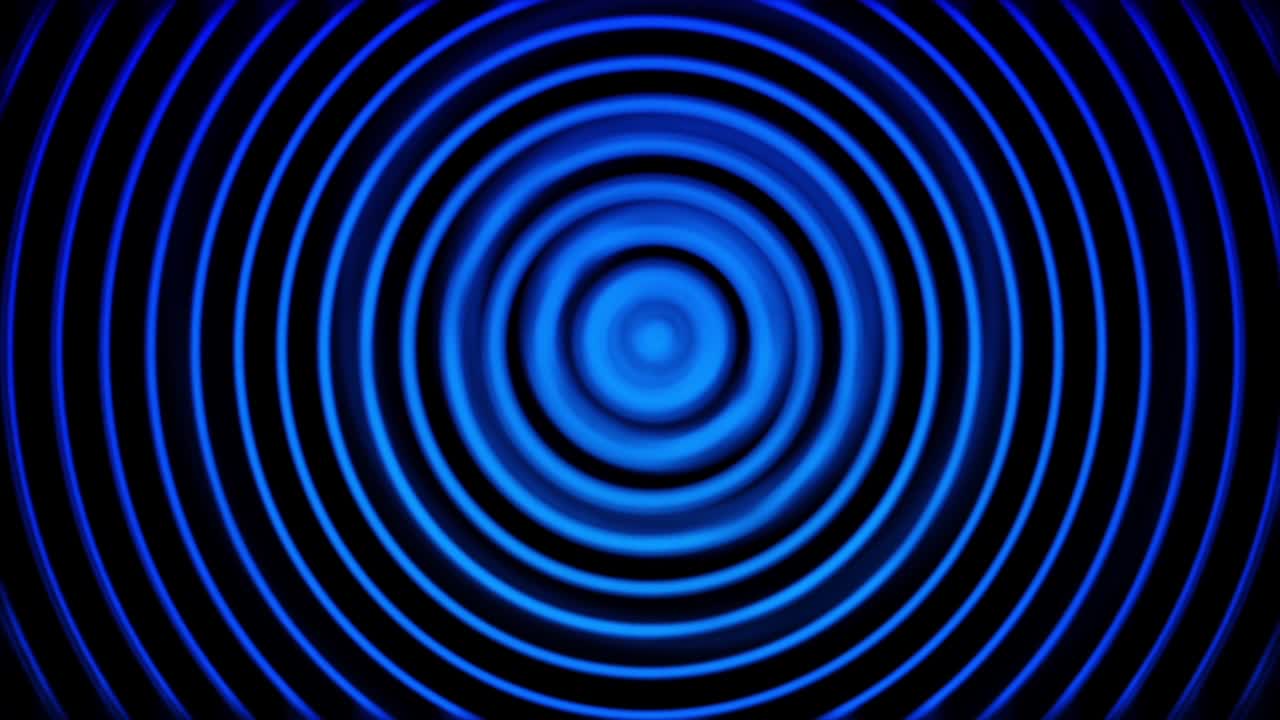 Blue radio wave, radar or sonar, hypnotic effect, seamless loop. Animation. Rotating bright neon rings on black background