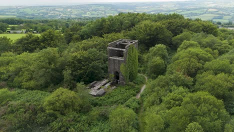 aerial view of an overgrown stone tower ruin in a lush forest
