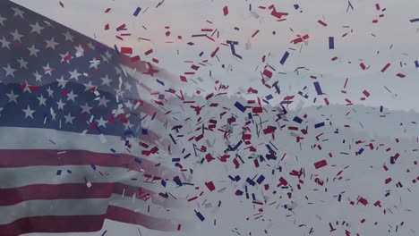 animation of waving american flag over landscape