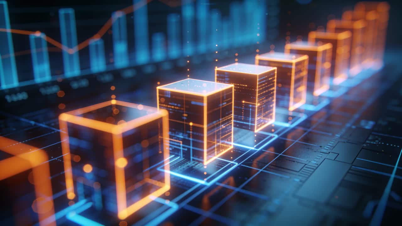 Starting animation panning camera along glowing cubes on circuit grid, showing serial data flow