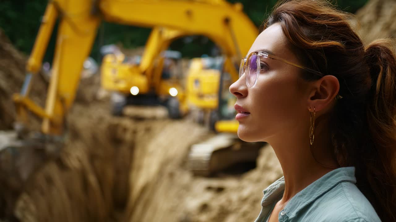 A Woman Overseeing Construction Operations with Excavators Working in a Trench, Showcasing the Intersection of Human Presence and Heavy Machinery in a Dynamic Construction Environment