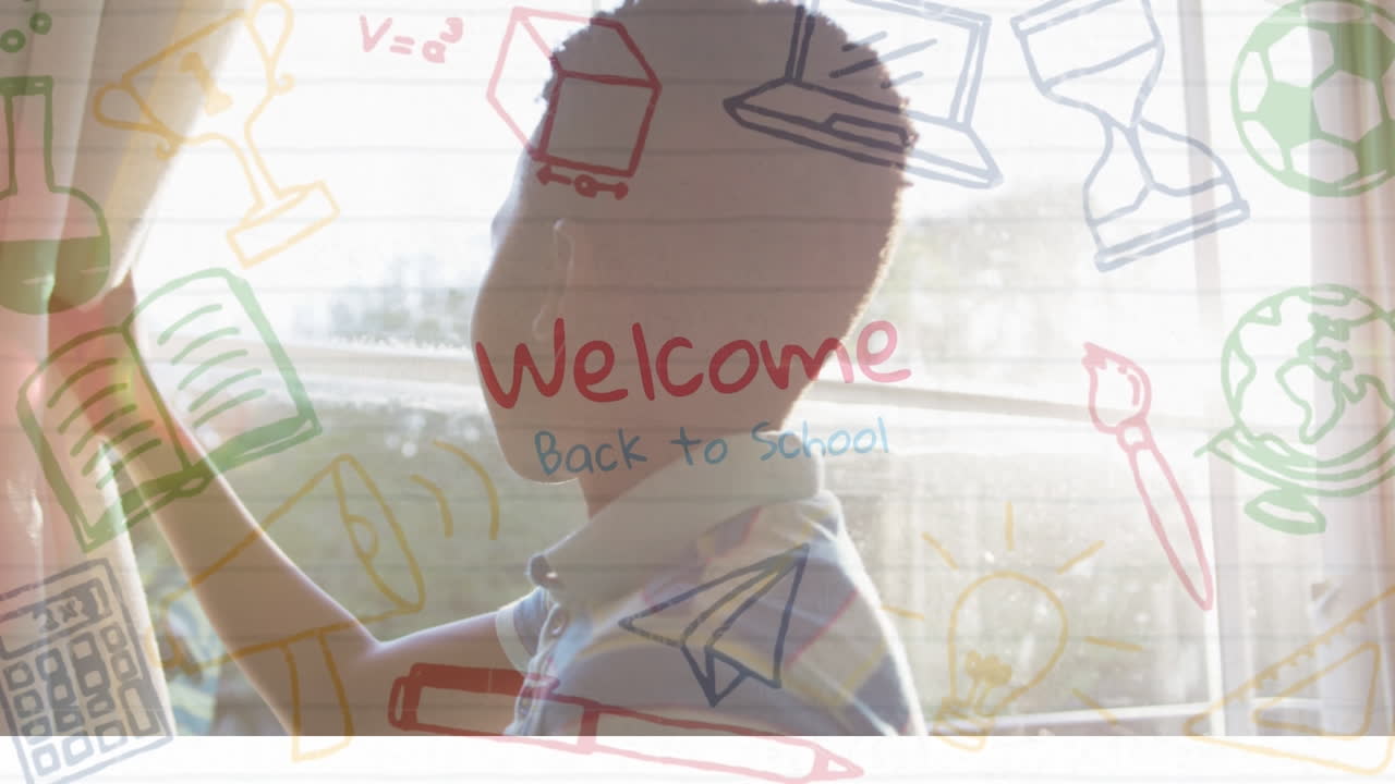 학교에 오신 것을 환영합니다. - 교과서와 학교 아이콘에 대한 아프리카계 미국인 소년 집에서 커튼을 열고