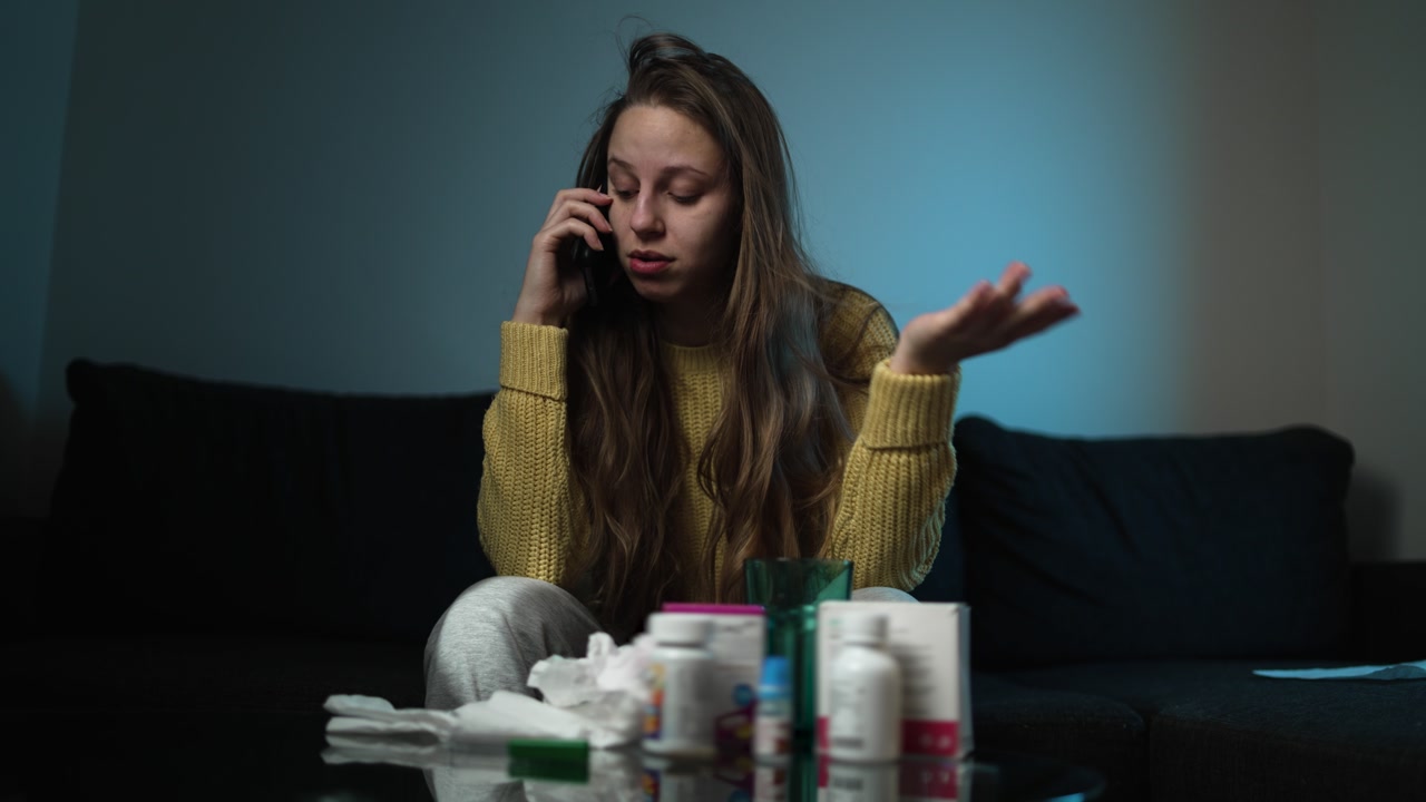 Woman using smartphone for online medical consultation at home. Concept of telemedicine, digital healthcare, remote doctor advice, and modern medicine.