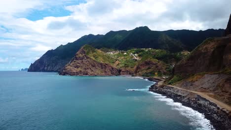 aerial of rocky coast madeira island and atlantic ocean