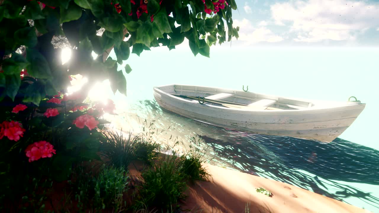 hermosa isla con hermosas flores y árboles. un viejo barco de pesca en aguas tranquilas.