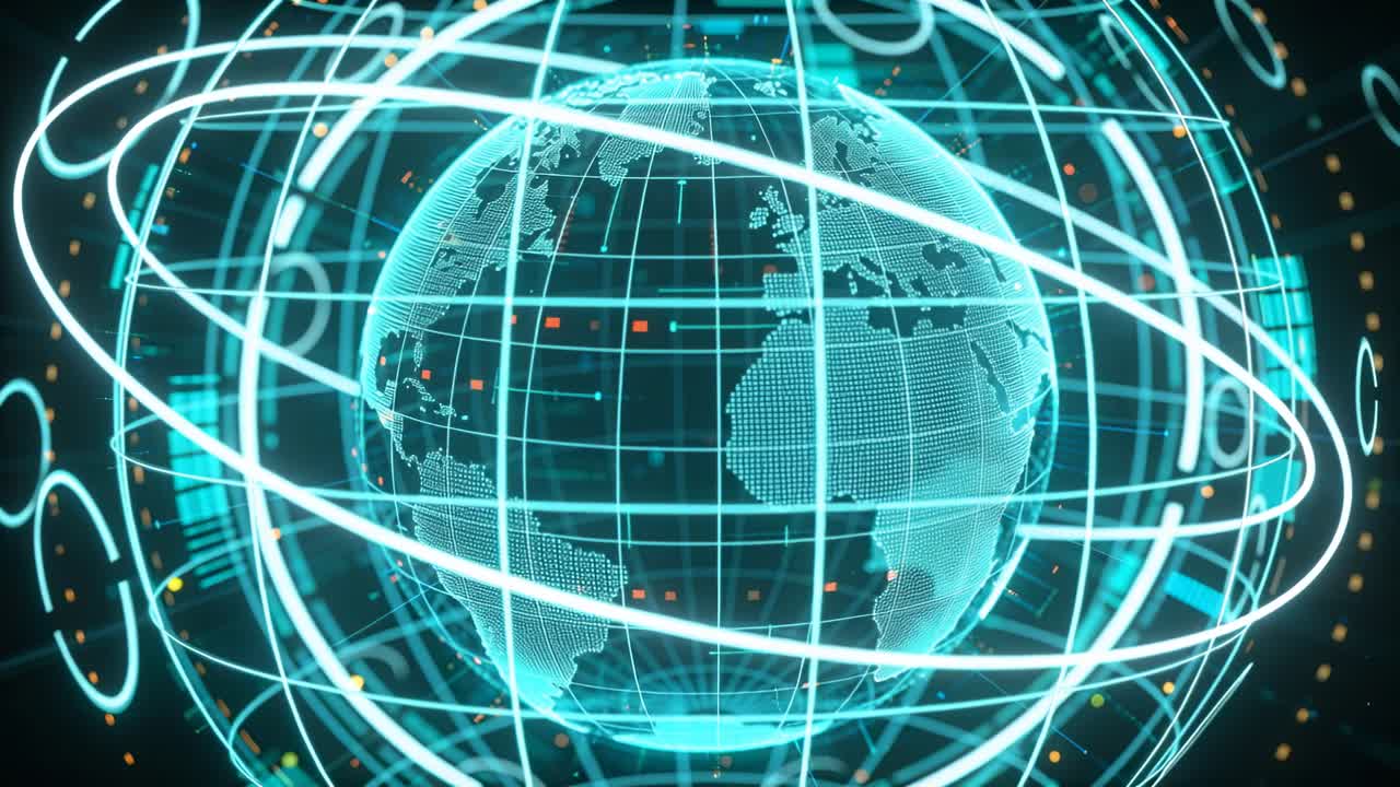 Playback starting, wireframe globe rotating in dark HUD, rings sweeping and showing live nodes