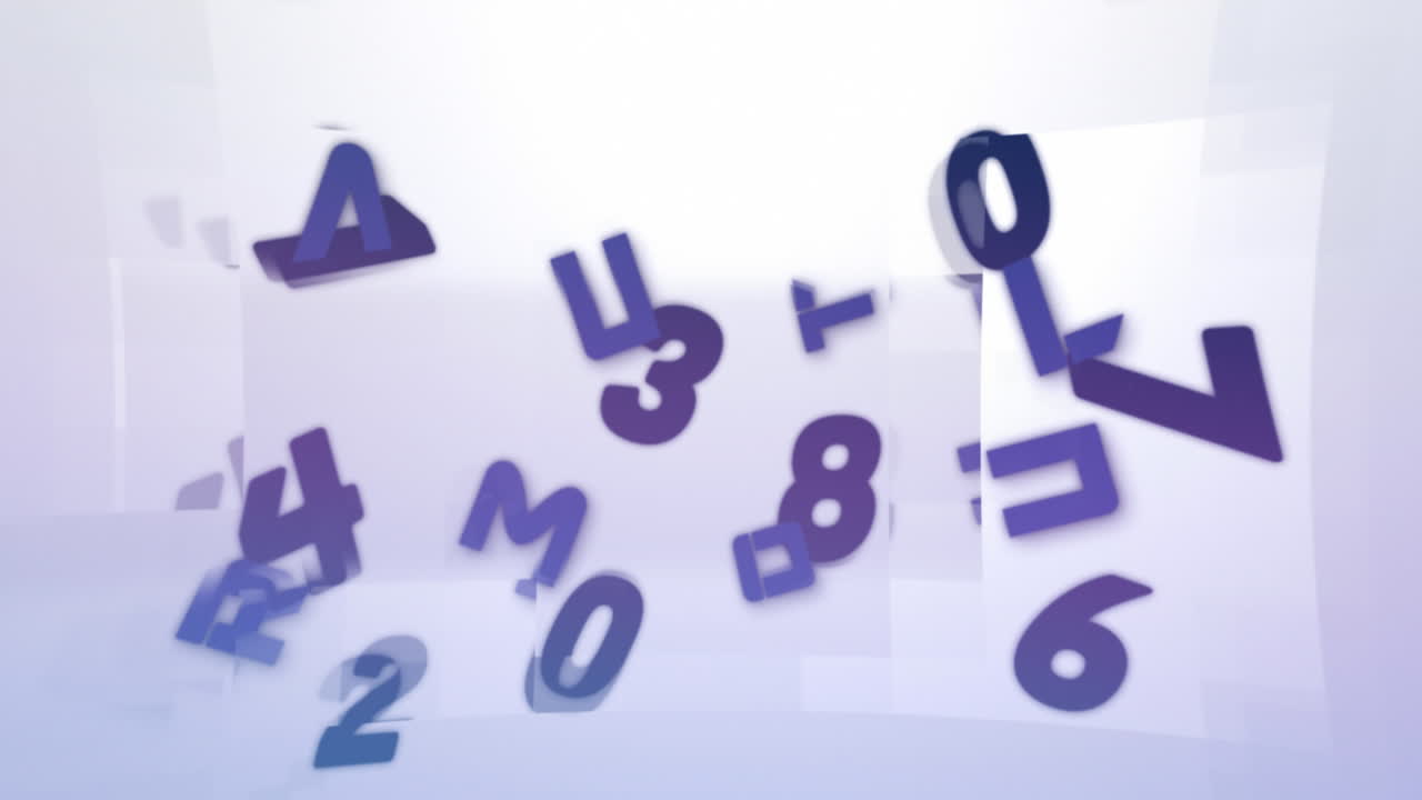 animación digital de números y alfabetos cambiantes que se mueven contra formas cuadradas sobre fondo blanco