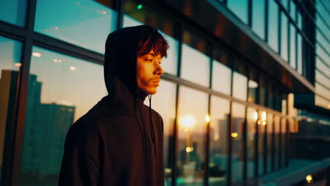 cityscape at sunset with person in hoodie