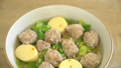 homemade cabbage clear soup with tofu and minced pork bowl