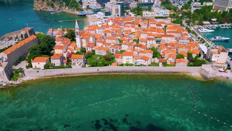 Old-Town-Budva,-Aerial-Panorama,-Medieval-European-Fortified-Town,-Montenegro