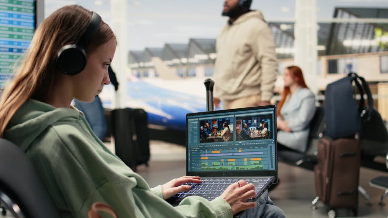 Jovem Mulher Editando Vídeo em Laptop na Área de Espera do Aeroporto.