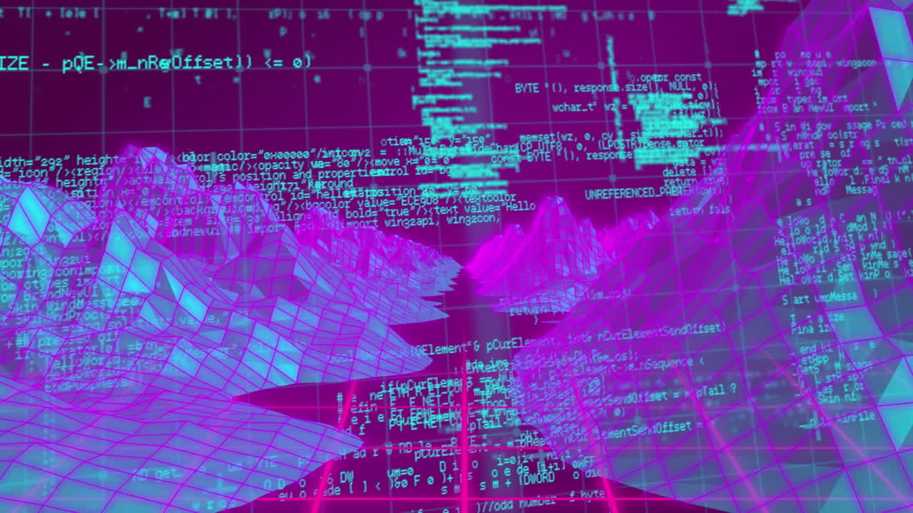 animación digital de ondas digitales púrpuras sobre ondas digitales coloridas en fondo rojo