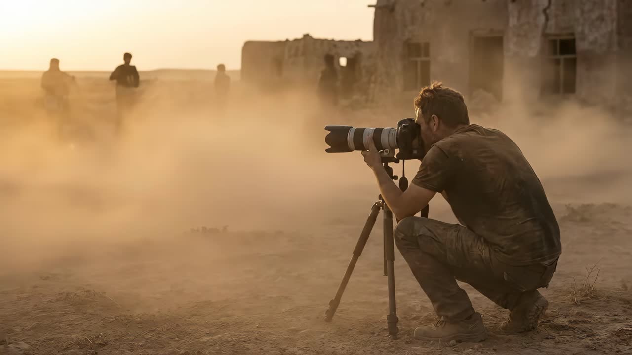 Photographer Crouching with Camera on Tripod in Dusty Desert Landscape