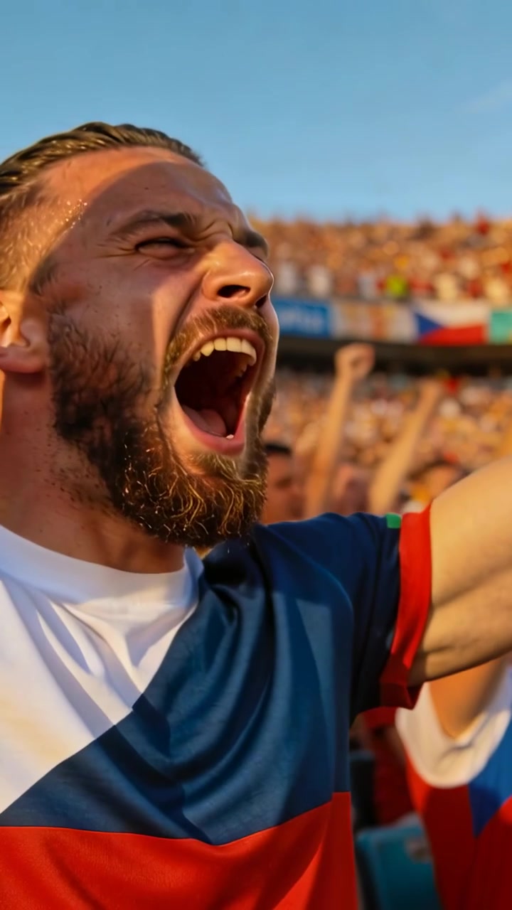 Vertikales Video: Schreiender, bärtiger Fan reagiert im Stadion mit Fahnen auf das Spielgeschehen, trägt ein Teamtrikot.