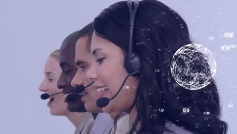 Animation-of-globe-with-network-of-connections-over-business-people-using-phone-headsets