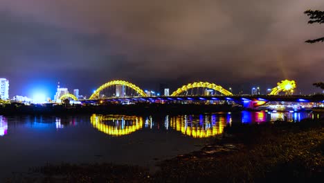 timelapse of the dragon bridge in da nang breathing fire and water.