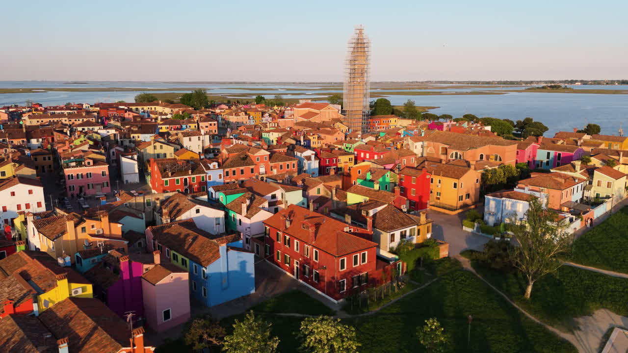 Aerial View Over Colored Houses In Burano Island, Italy At Sunset - Drone Shot