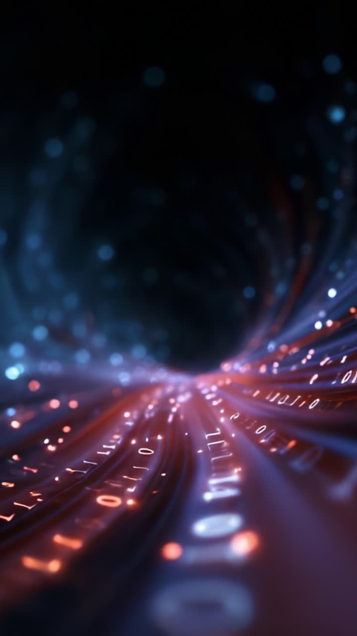 Rappresentazione astratta del flusso di dati attraverso un tunnel digitale con codice binario luminoso che illustra velocità e tecnologia in un ambiente futuristico