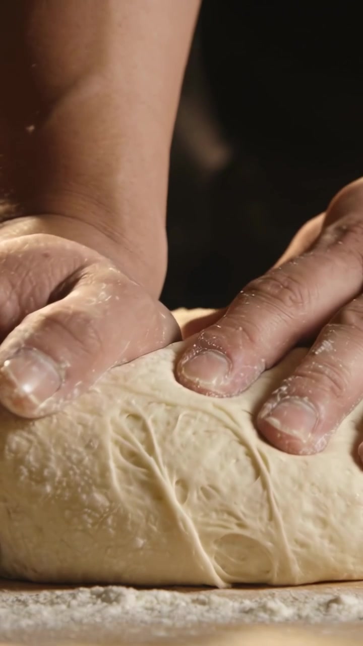 Vertical video: Pressing hands bare arms kneading dough to shape on floured bench, gluten visible