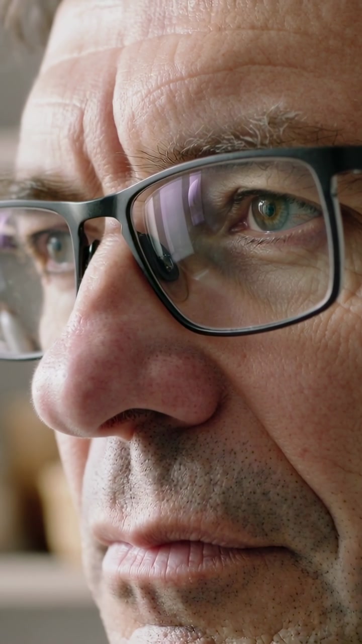 Vertical video: Screen glow causing man scanning text to read at home office eyeglasses reflection