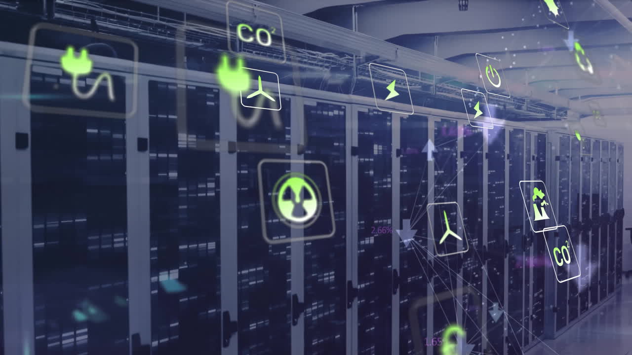 animación de iconos ecológicos y procesamiento de datos a través de servidores informáticos.