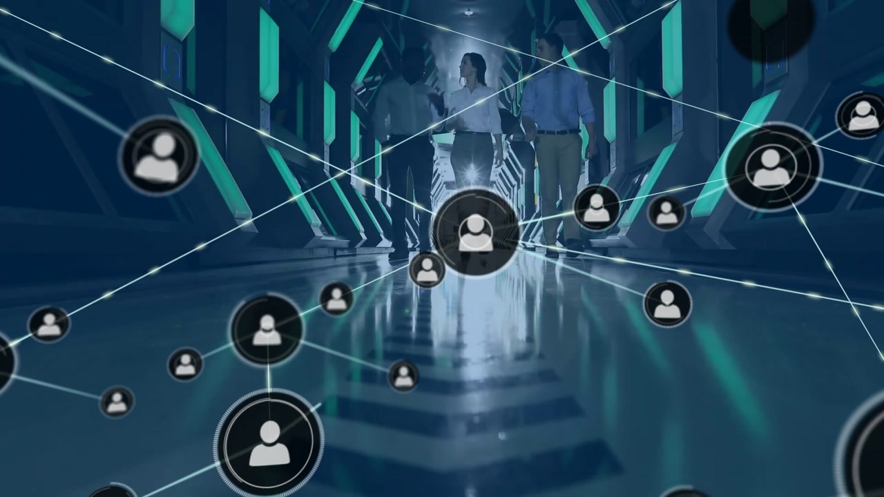Animation of network of connections with icons over diverse businesspeople by servers