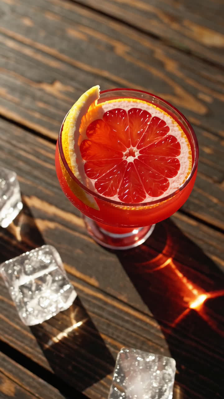 Rinfrescante cocktail al pompelmo con ghiaccio su un tavolo di legno