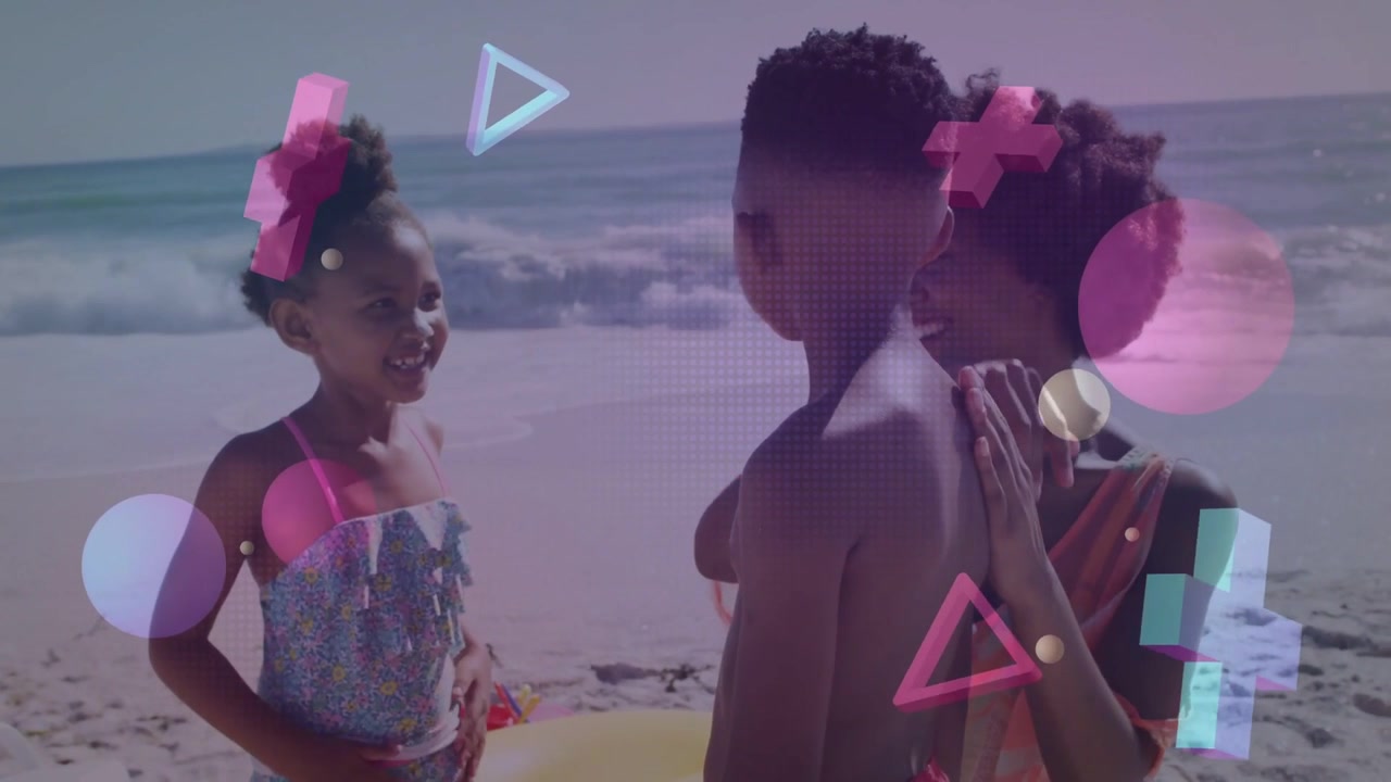 Vertical video: Girl gesturing woman comforting boy by patting back on family beach, pink overlays