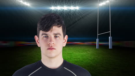 animation of caucasian male rugby player holding ball over stadium