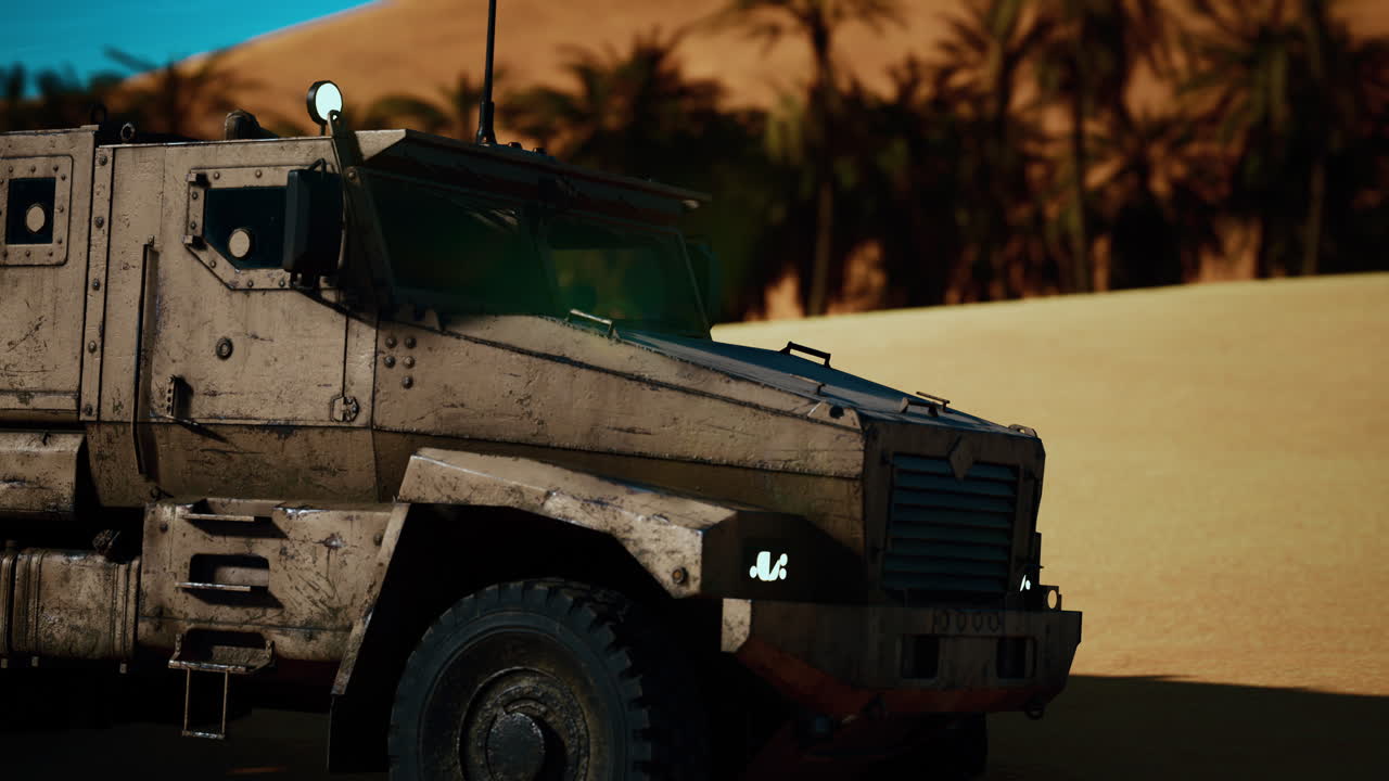 사막에서 장갑 군사 트럭