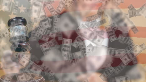 animation of judge and banknotes over american flag