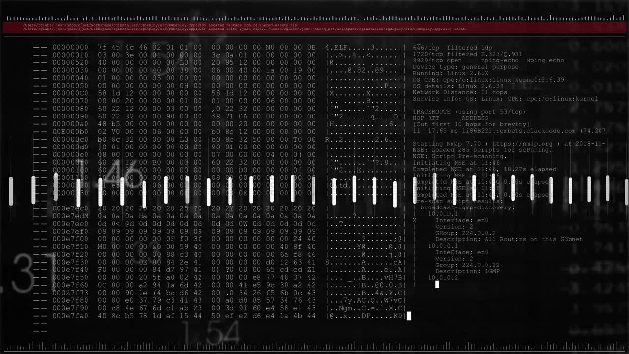 Initiating scan with red line for monitoring, bars pulsing, waveform tracing, terminal scrolling