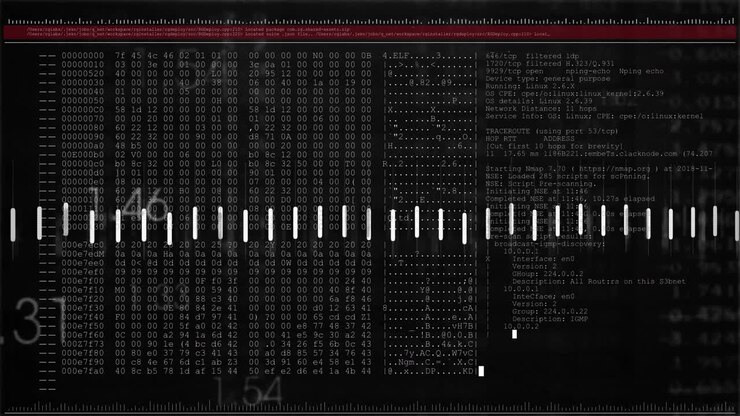 Initiating scan with red line for monitoring, bars pulsing, waveform tracing, terminal scrolling
