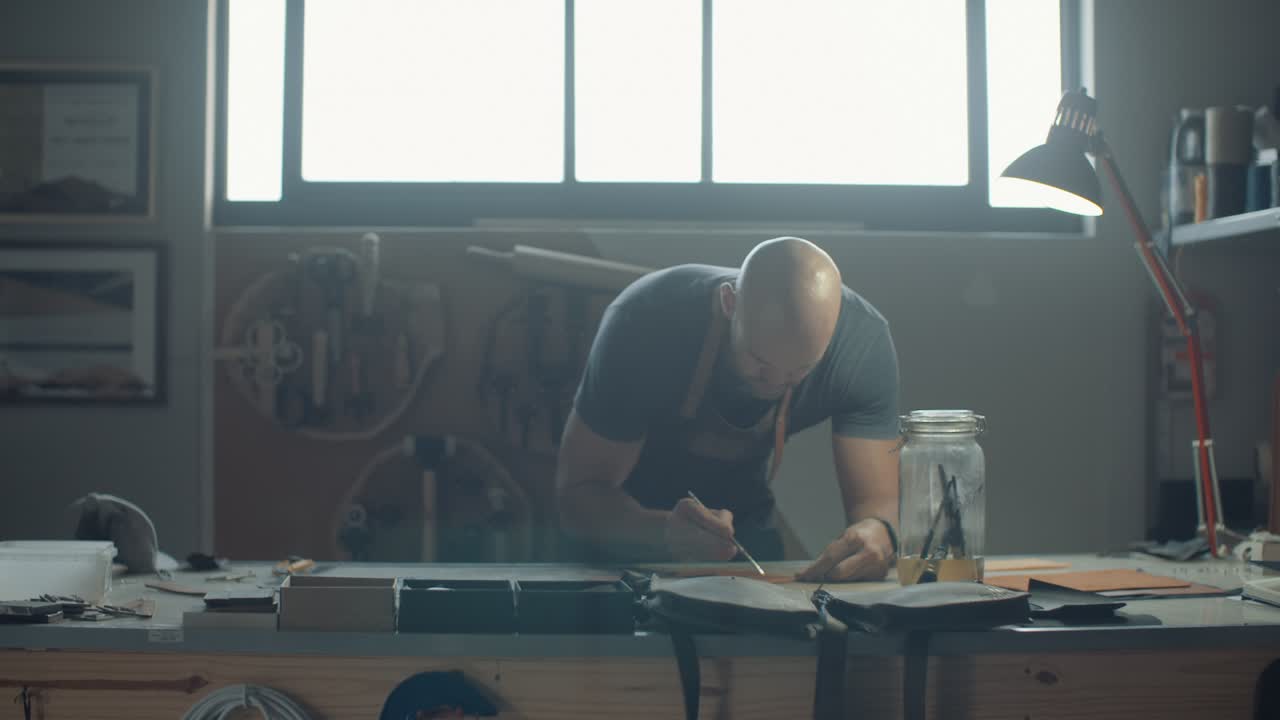 Wide shot of artisan applying glue to brush and then applying it to the back of a piece of tan leather on his workbench in his workshop