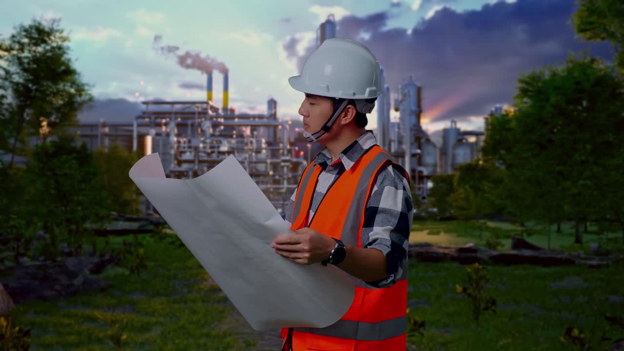 Engineer reviewing blueprints at an industrial facility with a focus on sustainable development