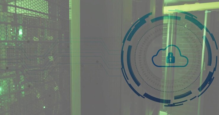 Animation of scope scanning with cloud and padlock icon over server room