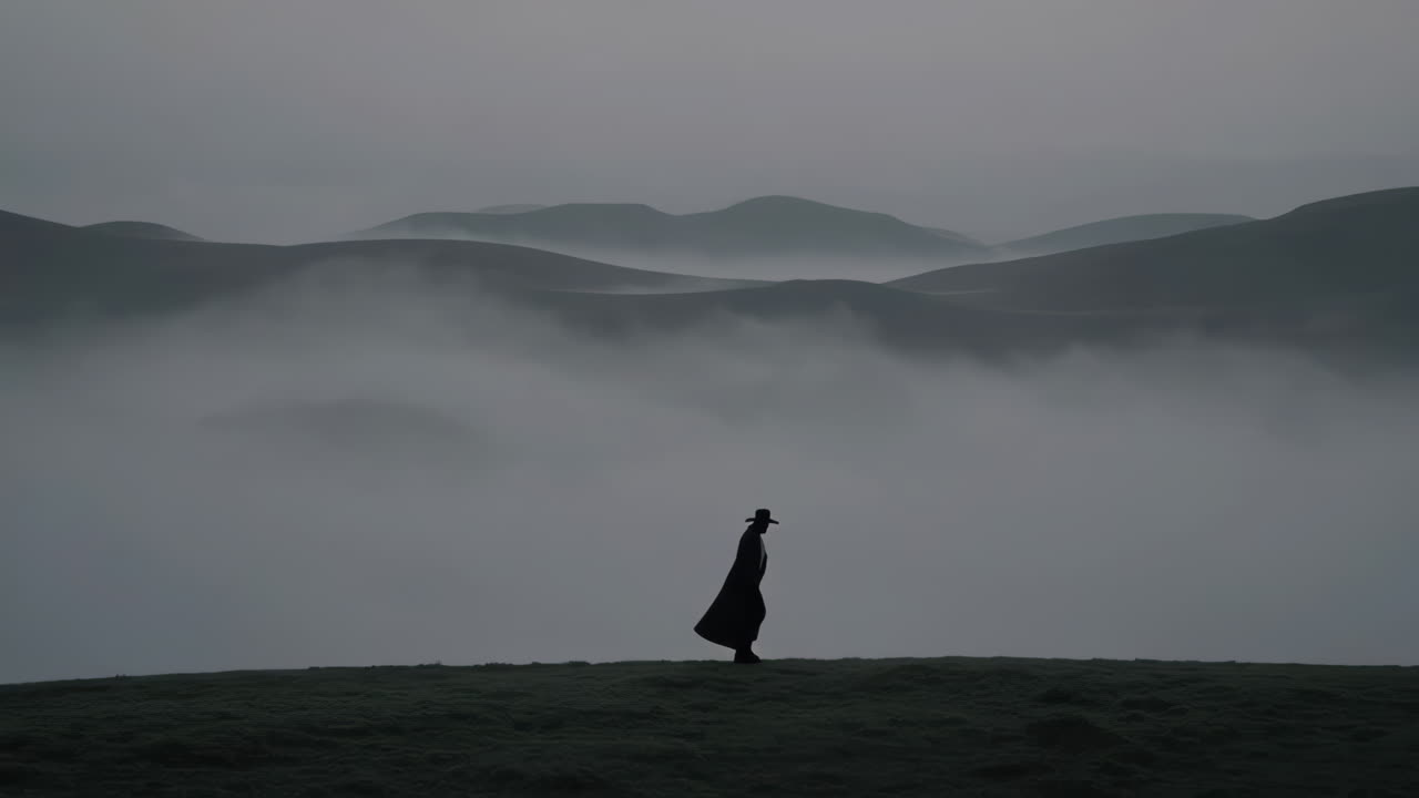 Solitary Figure Walking in a Misty Mountain Landscape