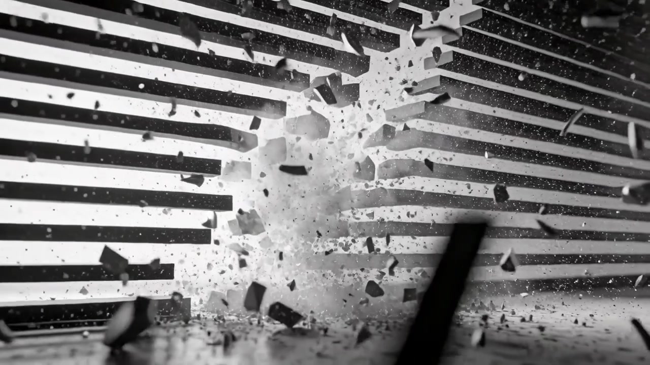 Striking rod hitting brittle slab, shattering shards and dust against slatted backdrop at floor