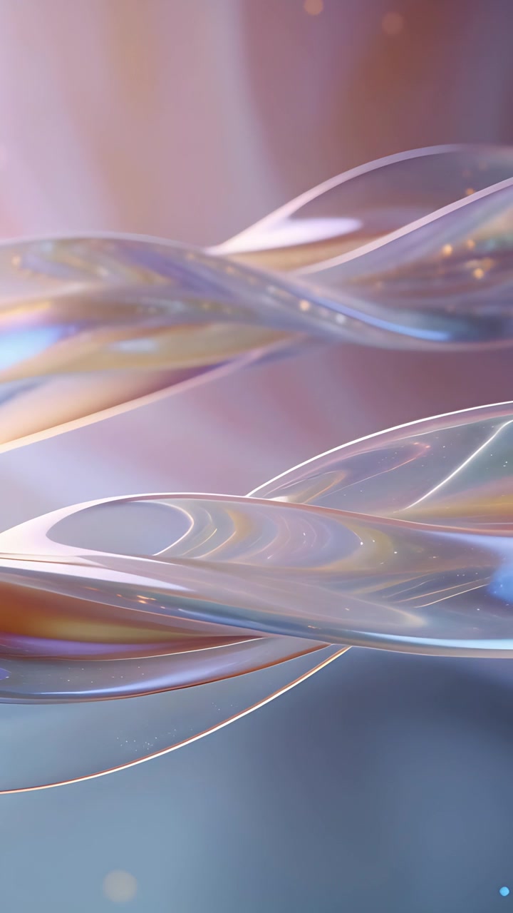 Vertical video: Light change sending two ribbons twisting across pastel studio, calming with glints