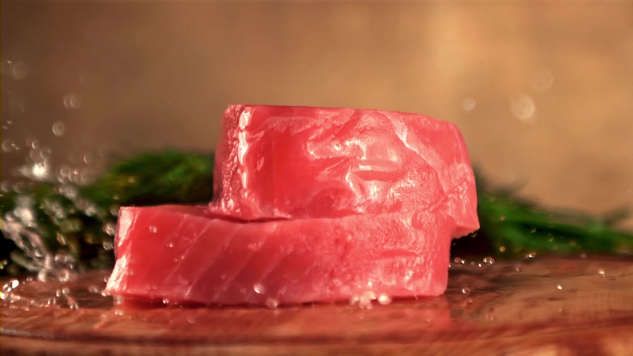 Tranci di tonno fresco crudo che cadono e schizzano acqua su un tagliere di legno