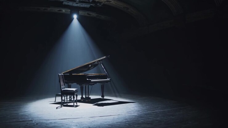 Grand Piano on a Dark Stage Under a Single Spotlight