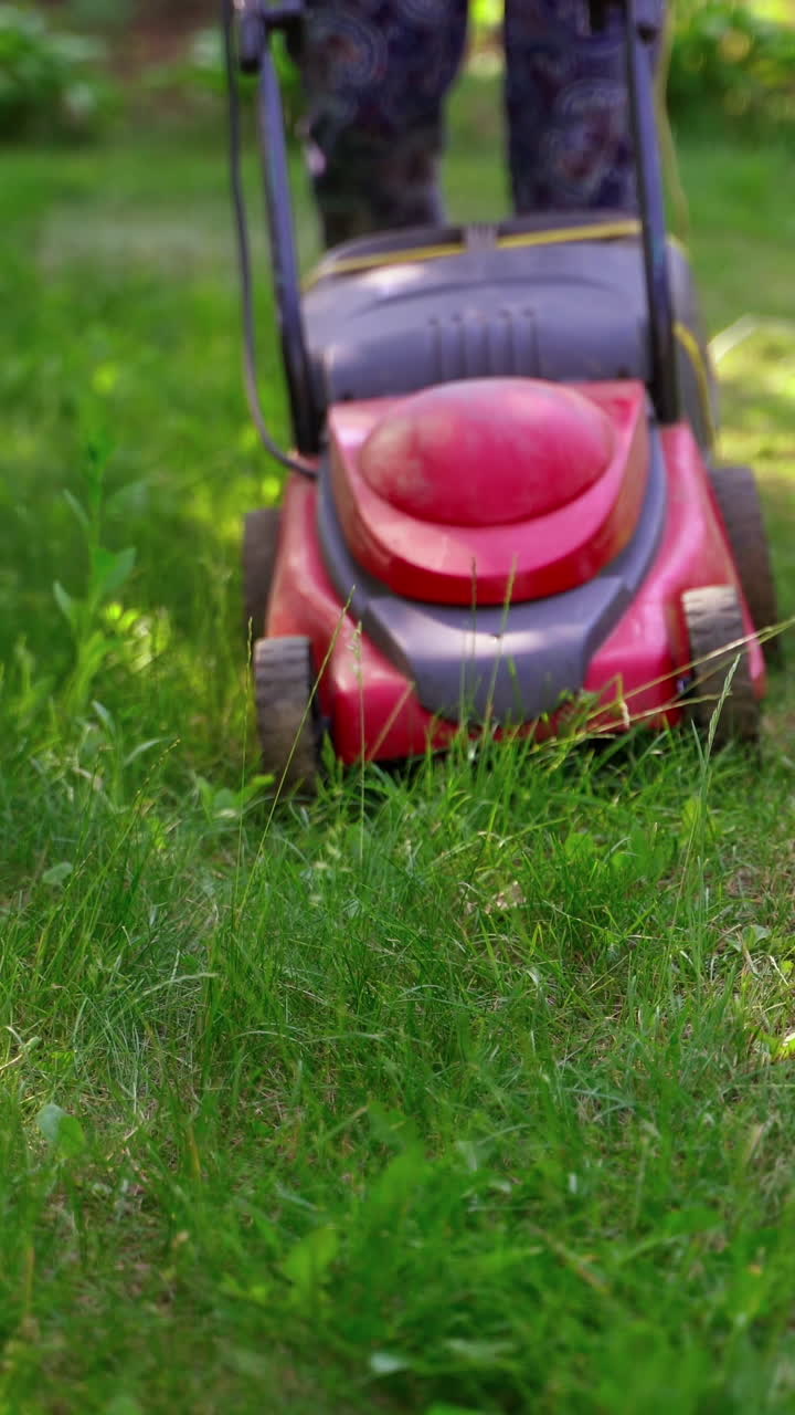Grass mower in the yard. Electric lawn mower at motion. Worker cutting grass in the garden. Gardening concept. Vertical video