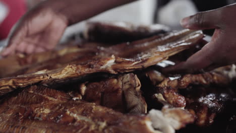 Close-up-of-smoked-baby-shark-meet-at-a-street-fish-market-in-Buenaventura,-at-Colombia's-Pacific-Coast