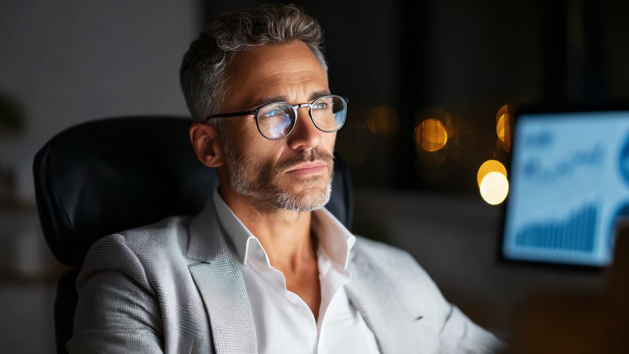 A contemplative man in formal attire gazes thoughtfully into the distance while sitting in front of a computer screen showing data, illuminated by soft background lights that create a calm, professional atmosphere