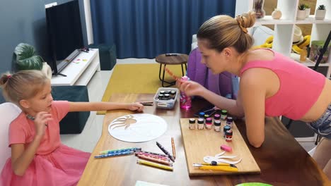 mother and daughter doing art project at home