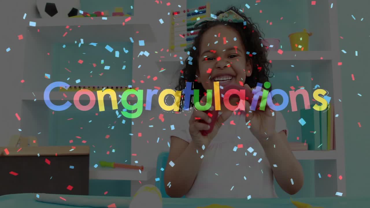 Girl pressing clay crafting disc while confetti and Congratulations graphic marking success