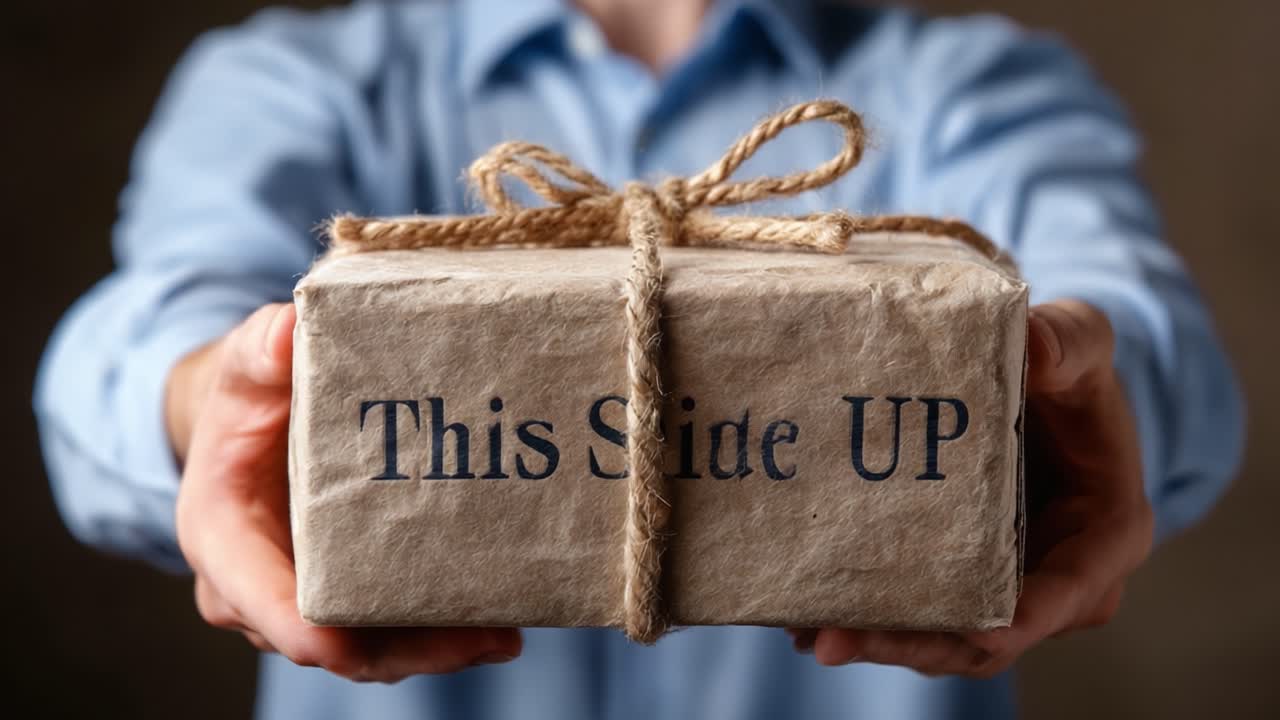 A Person Carefully Holding a Wrapped Package with an Instruction Label 'This Side Up', Emphasizing Attention to Detail in Handling Deliveries and Gifts