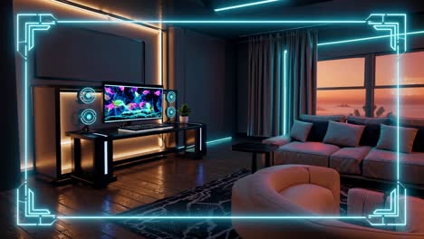 modern futuristic gaming room with neon lights