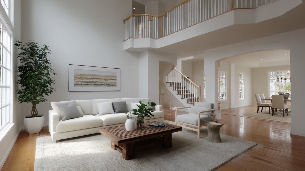 A Modern and Elegant Living Room Featuring Bright Natural Light, Minimalist Décor, and Attractive Furniture Layouts That Create a Welcoming and Cozy Atmosphere for Relaxation and Gatherings
